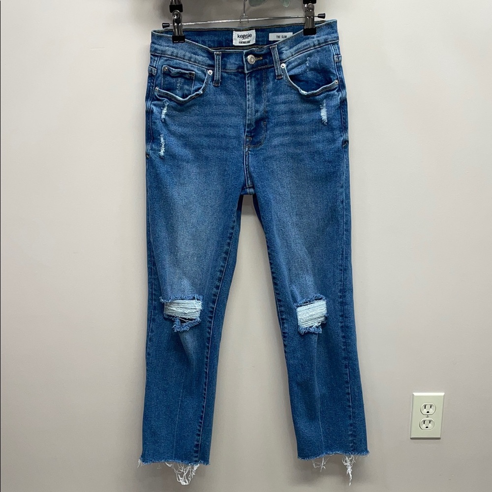 Kensie Jeans Vintage Luxe The Slim High Rise Raw Hem Distressed Denim Jeans 4/27